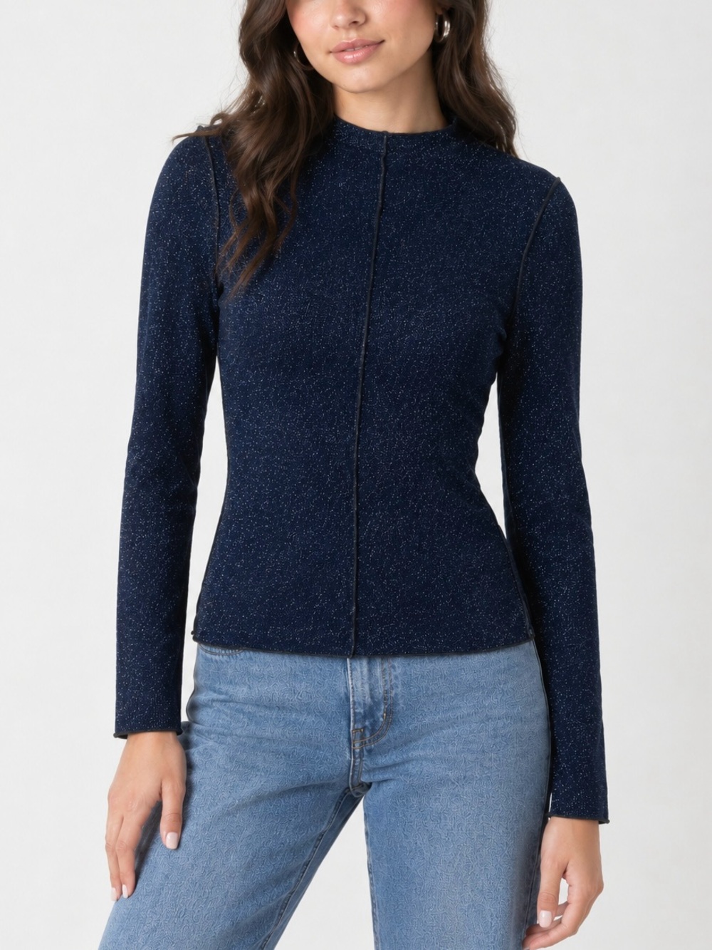 NWOT Pistola Blue Shimmer Patchwork Long Sleeve Mock Neck Top